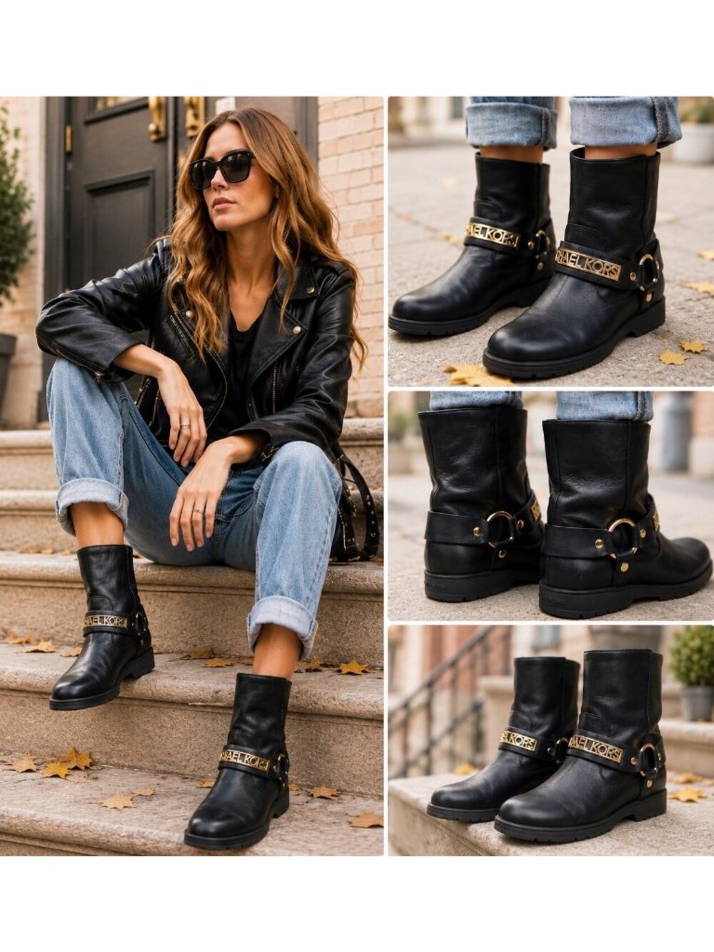 MICHAEL KORS ESSEX ICONIC BLACK GOLD LOGO MOTO BIKER BOOTS Size 7M - Picture 1 of 13
